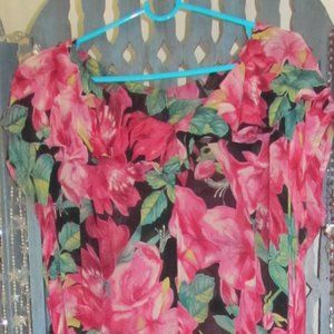 Deep Pink Floral Chiffon Midi Dress W/Ruffled Collar